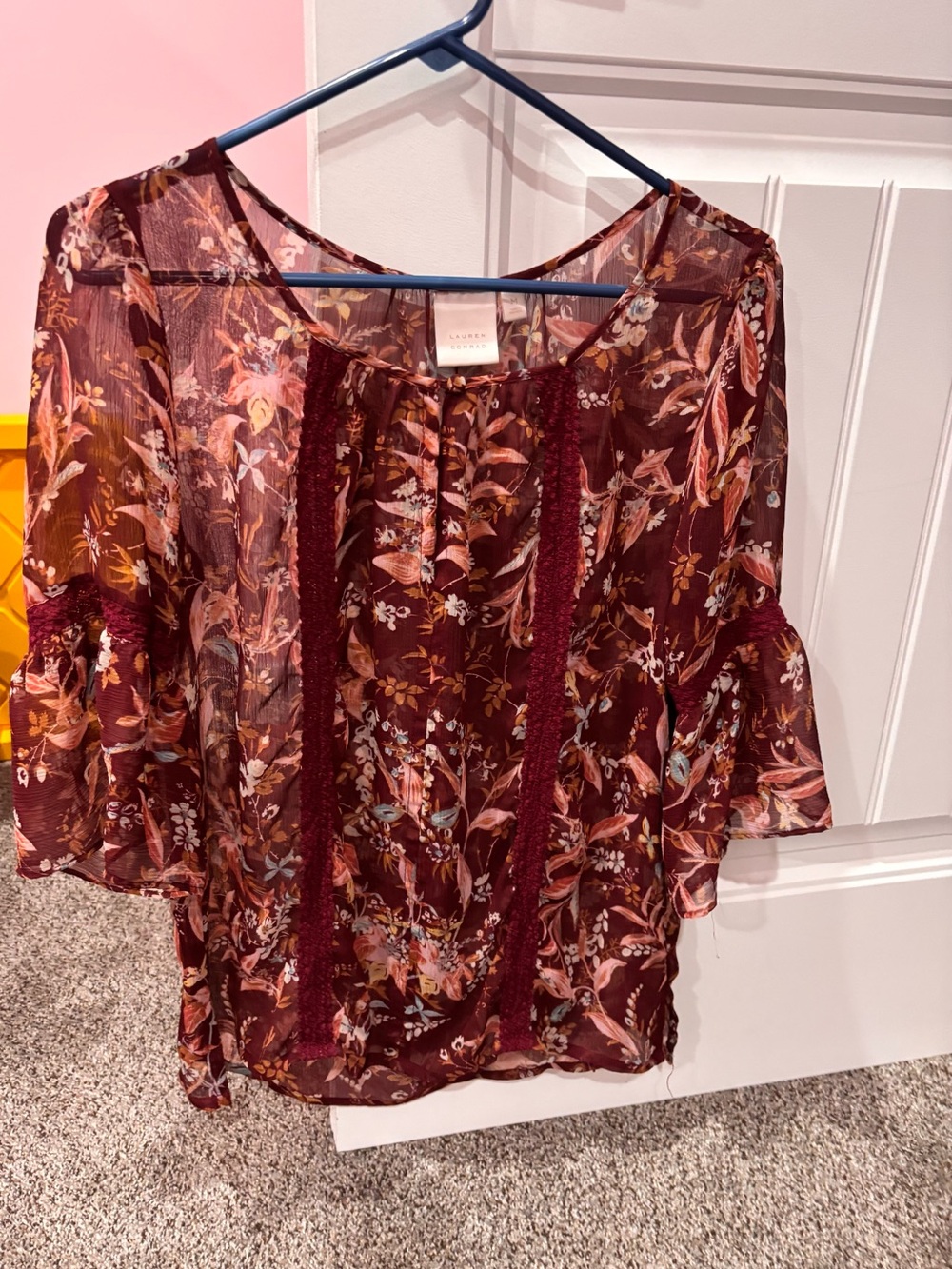 Lauren Conrad Floral Burgundy Sheer Blouse - Women